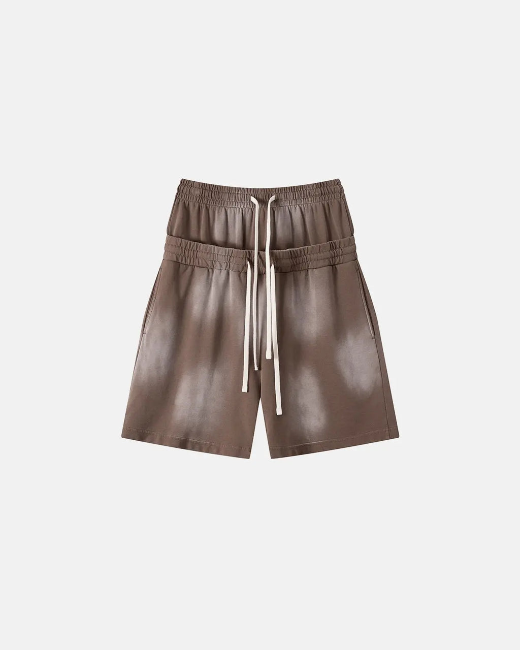 Inflation Streetwear double waist monkey wash sweat shorts showing relaxed fit, elastic waistband, and stylish distressed denim look.