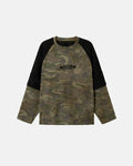 Inflation Streetwear lace patchwork camo raglan tee featuring a mixed lace and camouflage design, casual fit, and long sleeves.