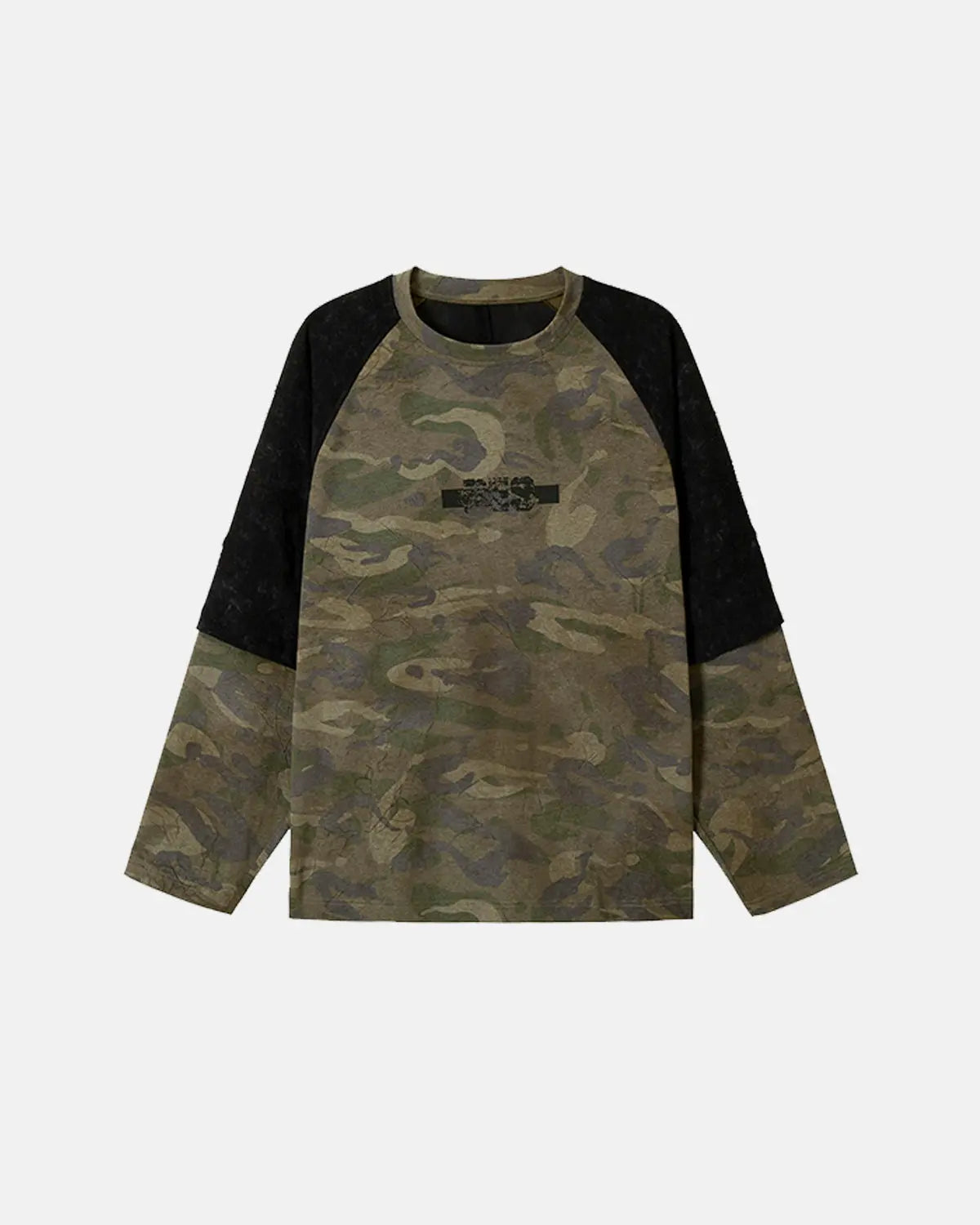 Inflation Streetwear lace patchwork camo raglan tee featuring a mixed lace and camouflage design, casual fit, and long sleeves.