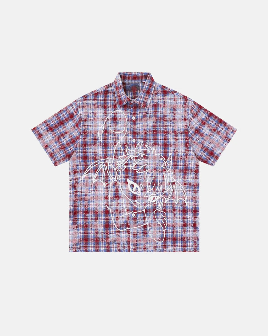 Inflation Streetwear devil embroidered plaid shirt with button-down front, featuring red and black checkered pattern and embroidered devil design.