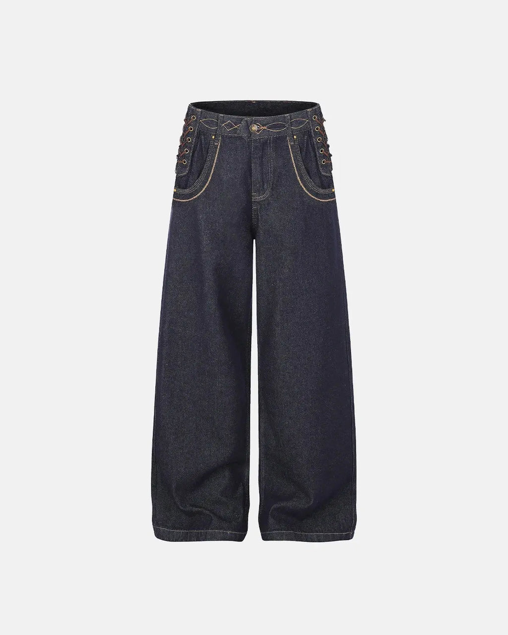 Inflation Side Lace-Up Raw Baggy Jeans showing distressed denim, loose fit, and lace-up details on a streetwear model.