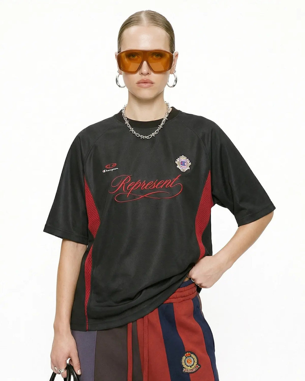 Inflation Streetwear retro colorblock football jersey featuring bold red, blue, and white panels, classic athletic design.