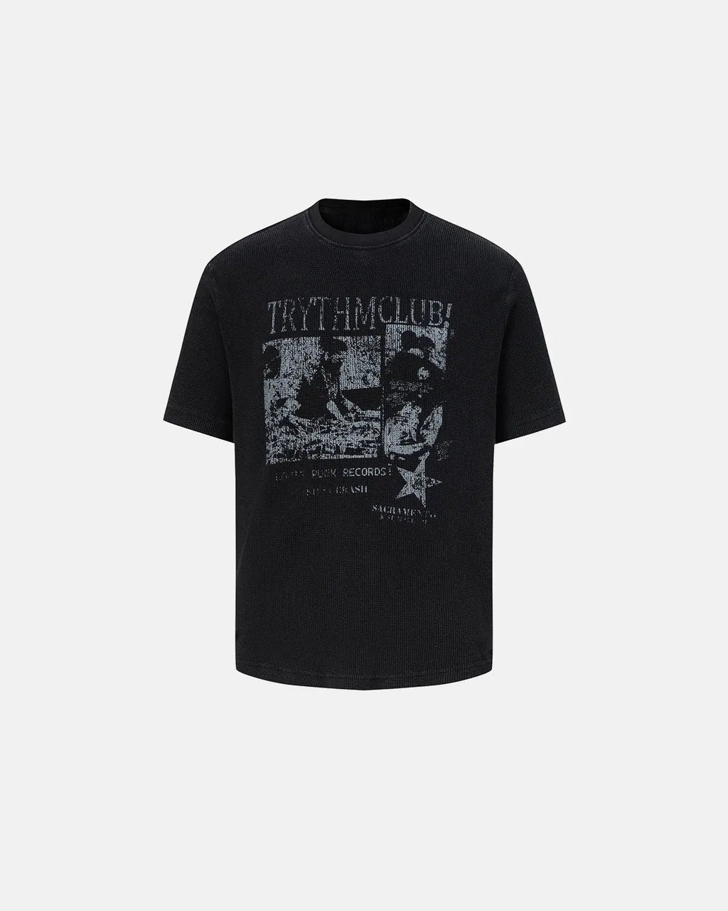 Inflation Streetwear distressed graphic waffle tee t-shirt with vintage-inspired design and casual fit, featuring bold graphic print.