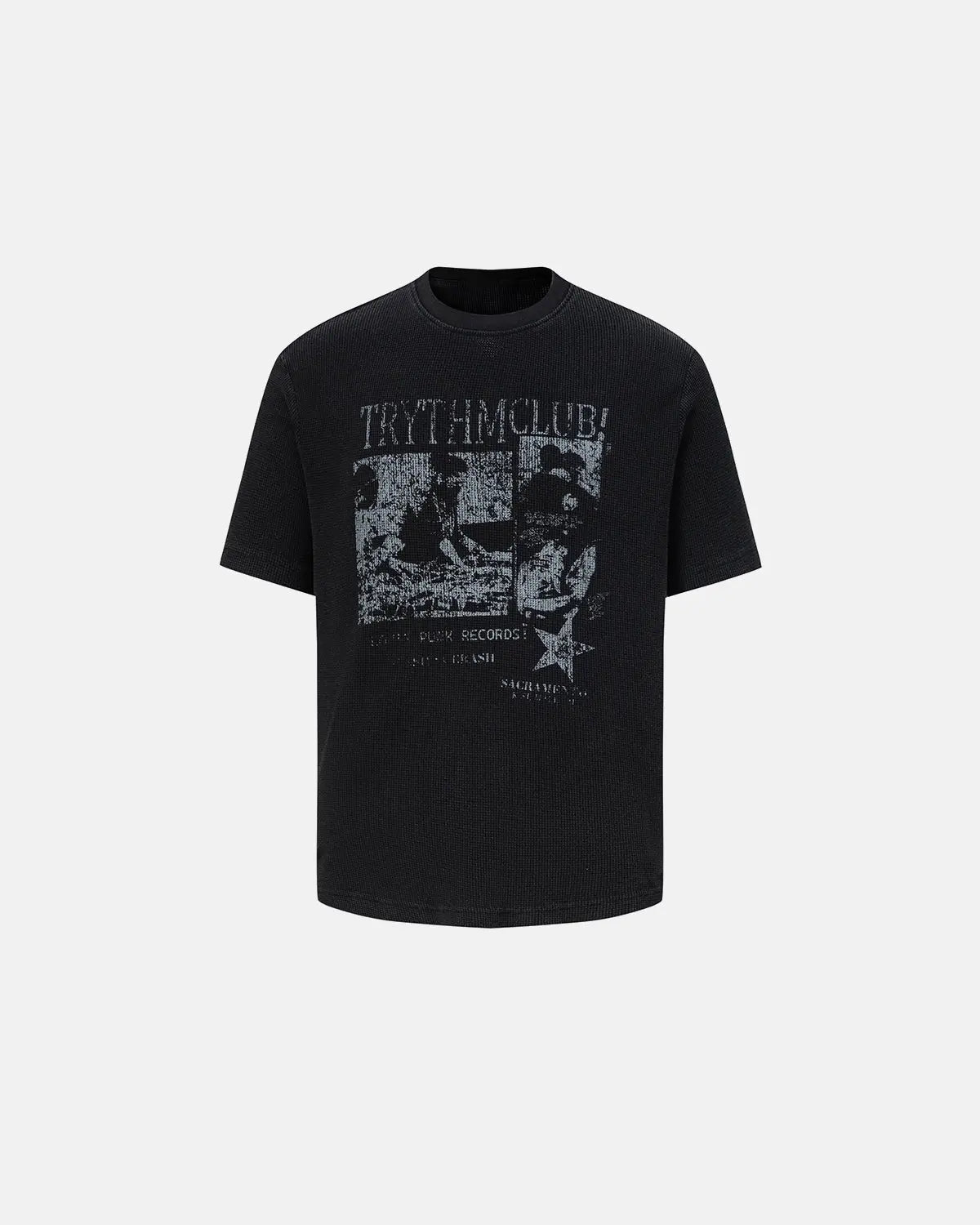 Inflation Streetwear distressed graphic waffle tee t-shirt with vintage-inspired design and casual fit, featuring bold graphic print.