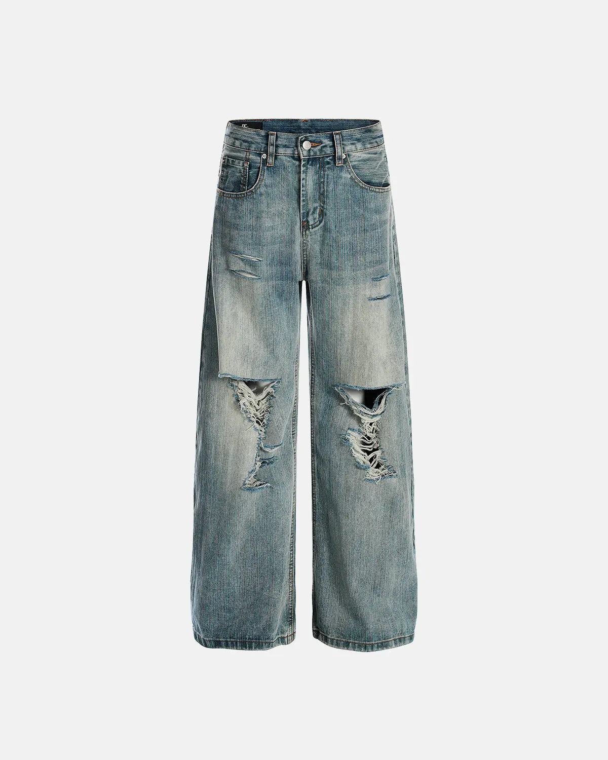 Bamboo weave distressed baggy jeans by INFLATION featuring relaxed fit, ripped details, and a casual streetwear style.