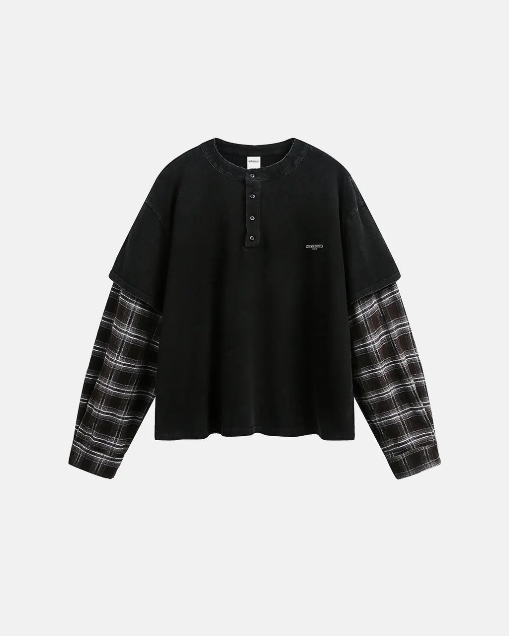 Distressed plaid layered long sleeve tee by INFLATION, featuring a casual streetwear style with a rugged, fashionable look.