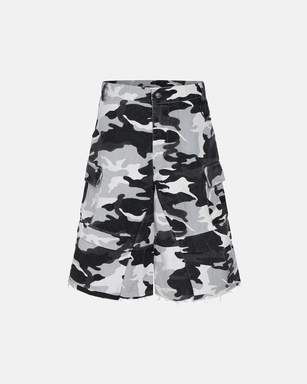 Glitter camo cargo longline shorts from INFLATION Streetwear, featuring a shiny camo pattern and oversized design.