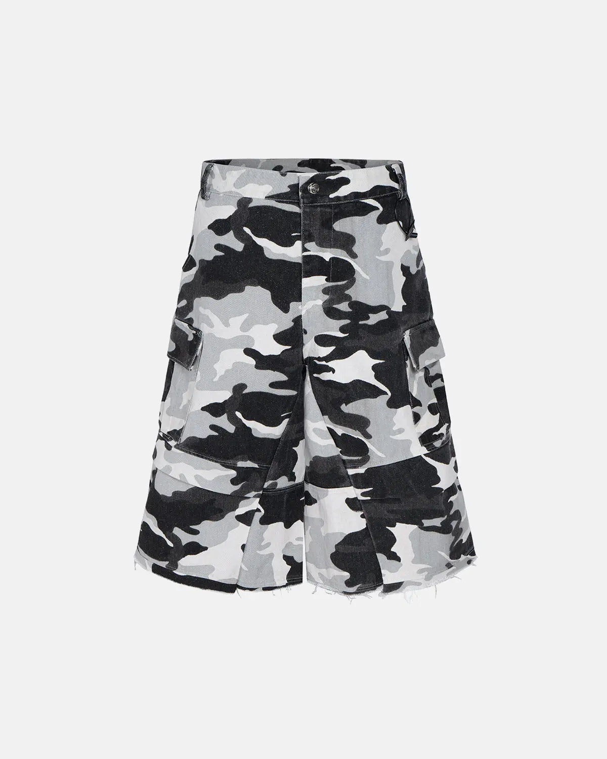 Glitter camo cargo longline shorts from INFLATION Streetwear, featuring a shiny camo pattern and oversized design.