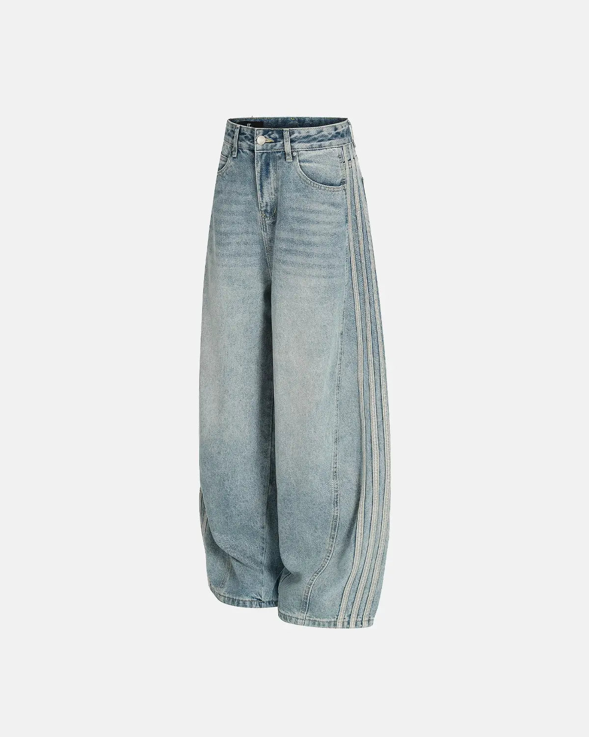 Acid wash striped side baggy jeans by INFLATION featuring relaxed fit, distressed details, and bold striped side panels.