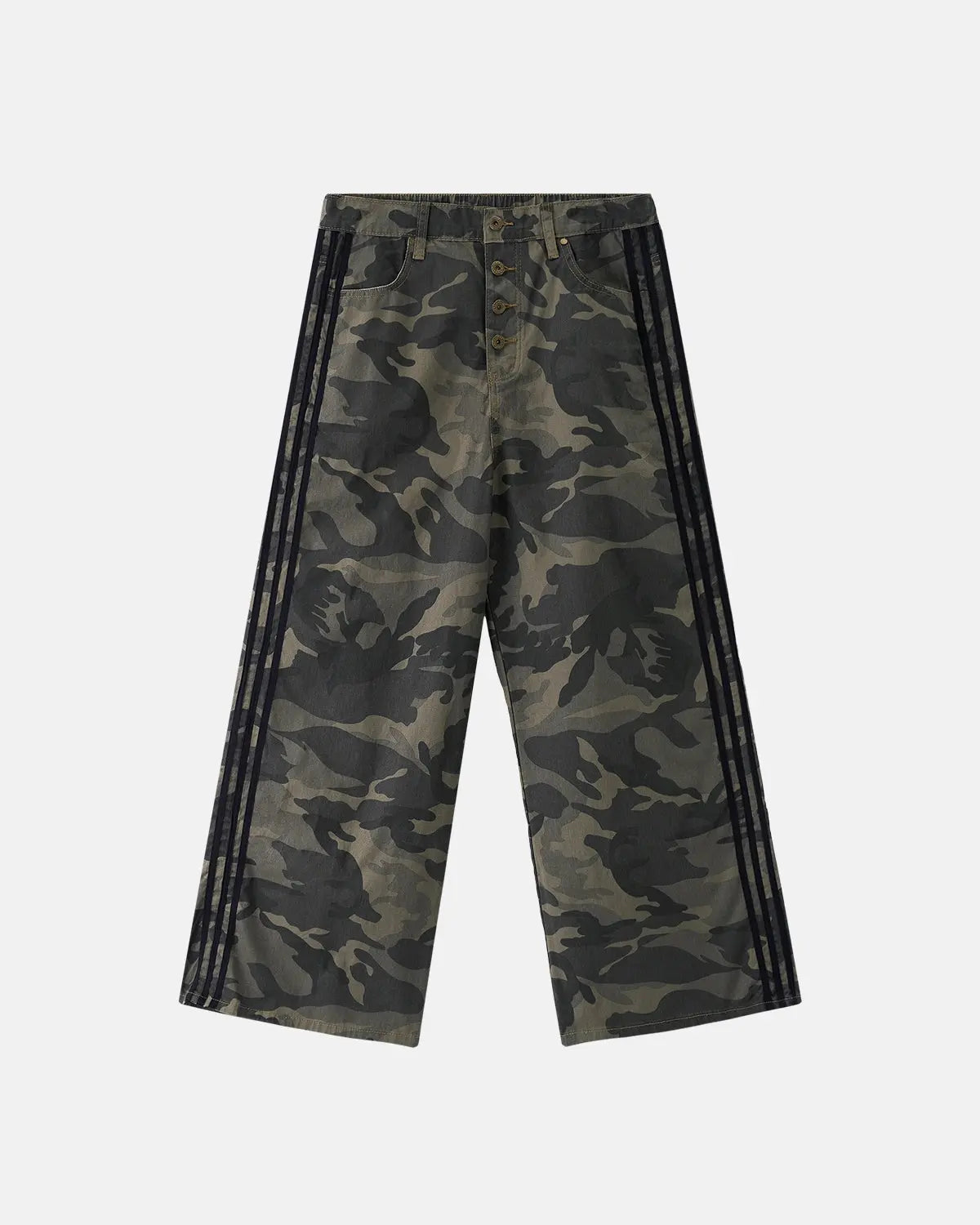 Inflation Camo Side Stripe Wide-Leg Pants featuring a relaxed fit, bold camouflage pattern, and contrasting side stripes.