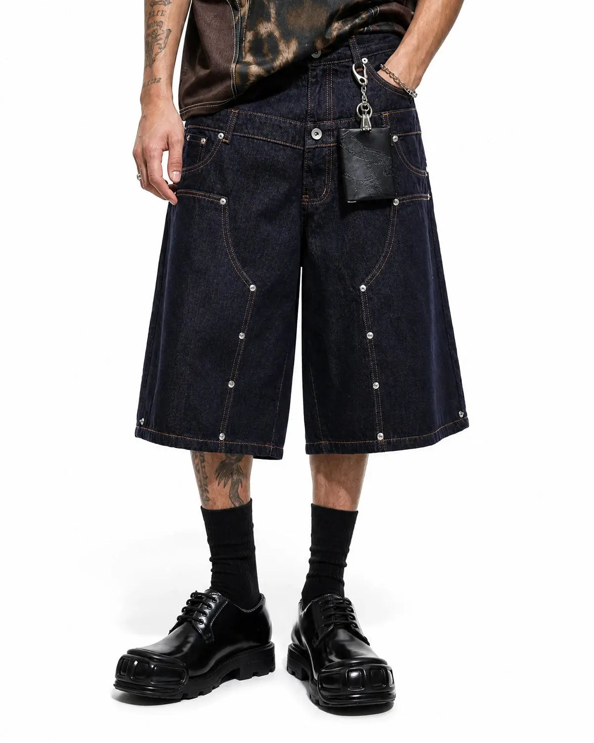 Inflation Streetwear double waist rivet baggy jorts, stylish denim pants with rivet accents and relaxed fit, casual streetwear style.