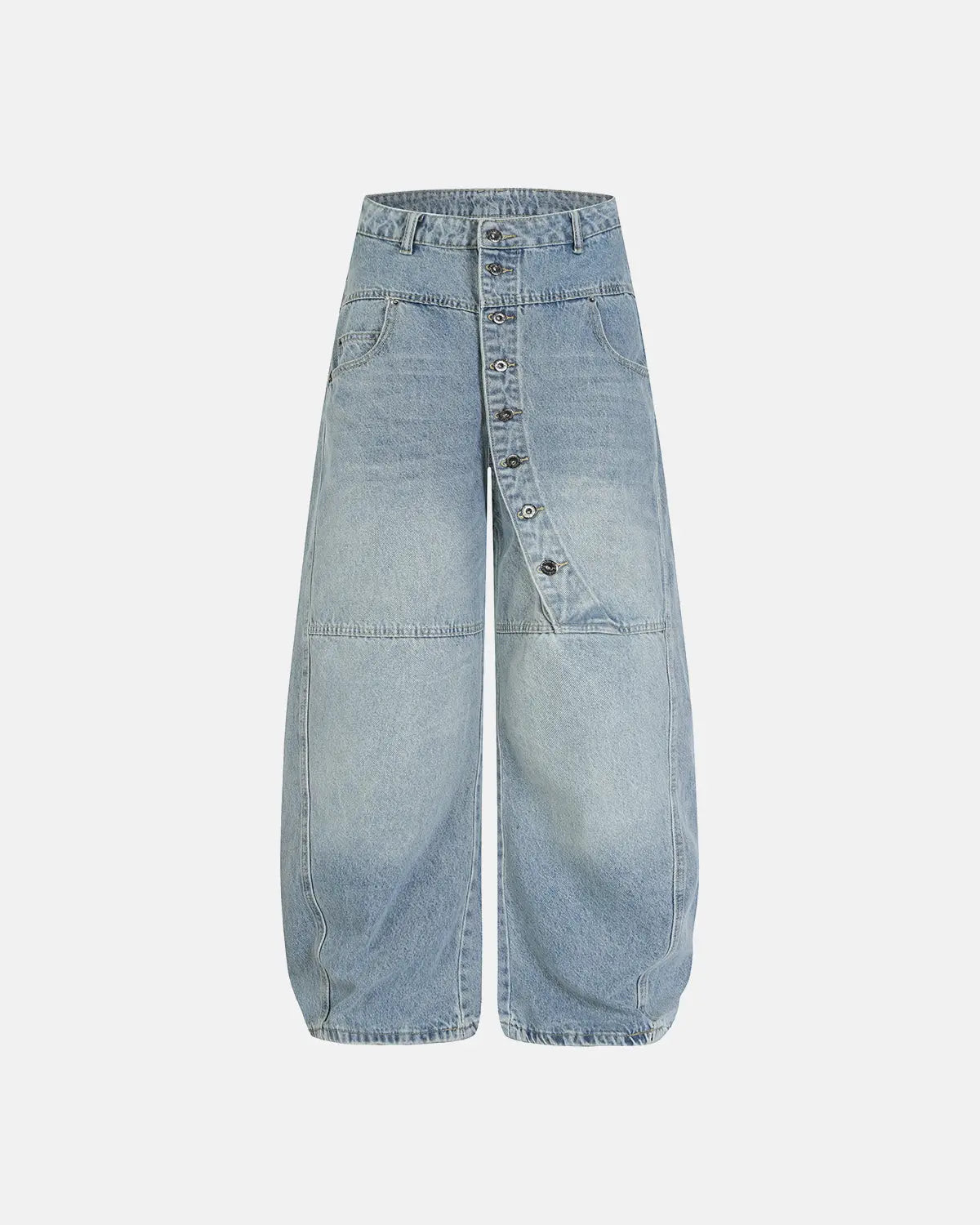 Inflation streetwear asymmetric button baggy jeans featuring oversized fit and unique button details, casual urban fashion style.