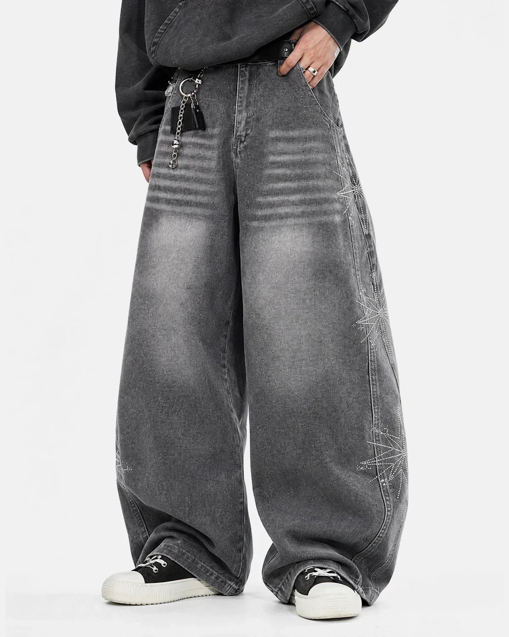 Inflation star graphic rhinestone barrel baggy jeans showing a relaxed fit, rhinestone star design, and casual streetwear style.