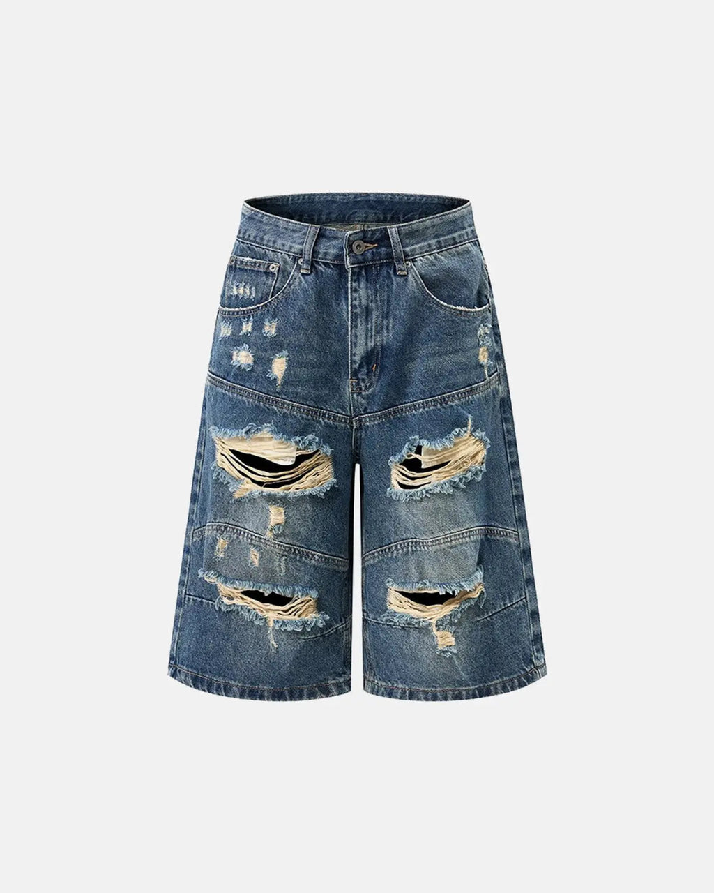 Inflation Heavy Washed Distressed Baggy Jorts, denim pants with frayed edges and a relaxed fit, styled for streetwear fashion.
