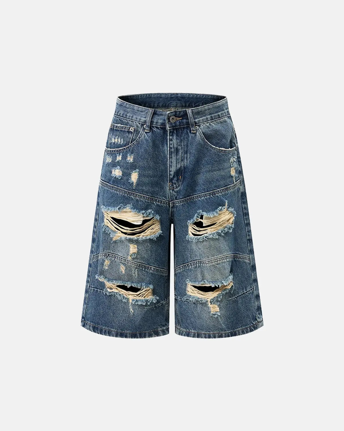 Inflation Heavy Washed Distressed Baggy Jorts, denim pants with frayed edges and a relaxed fit, styled for streetwear fashion.