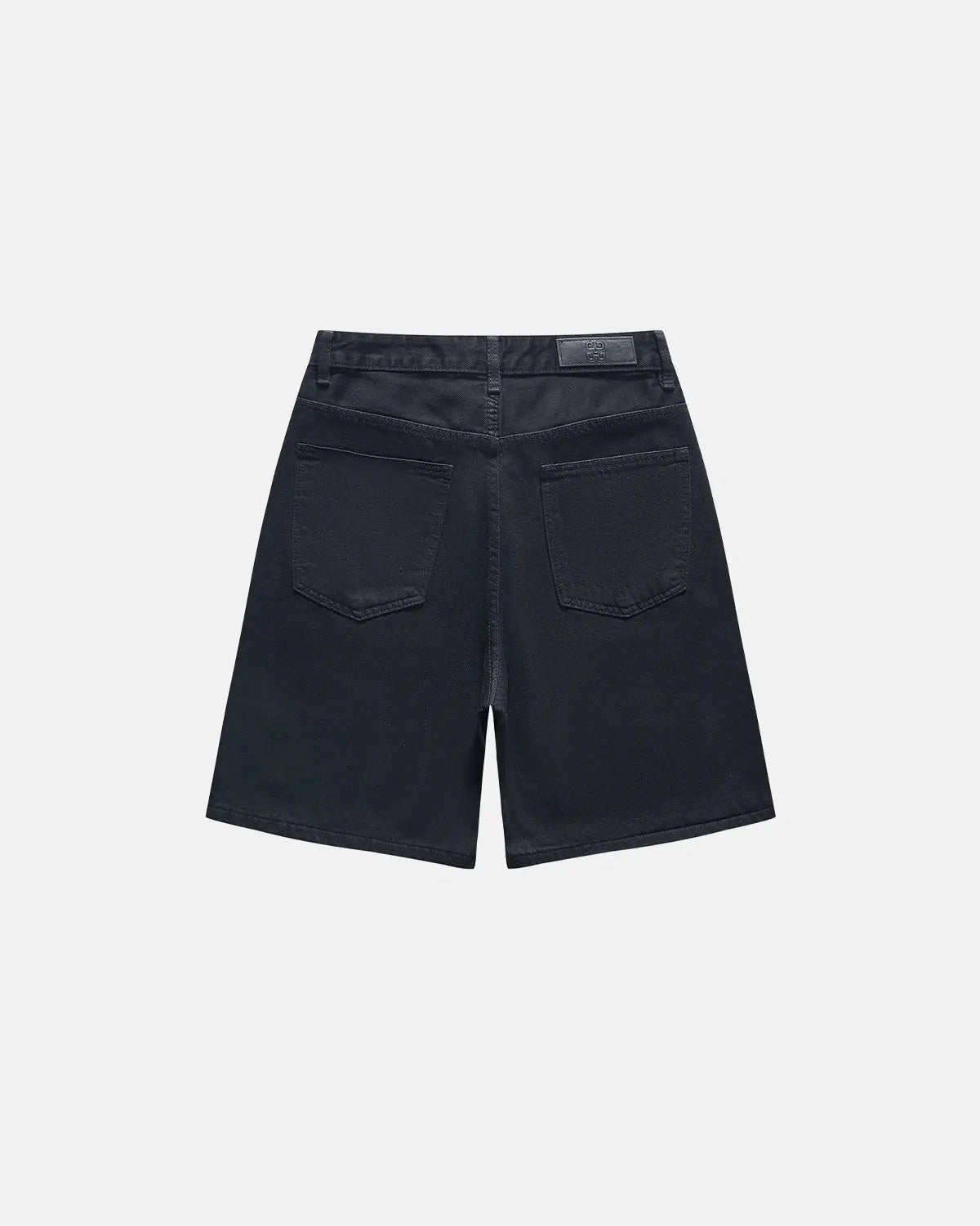 Metal clasp baggy jorts by INFLATION, featuring distressed denim and loose fit, perfect for streetwear style.