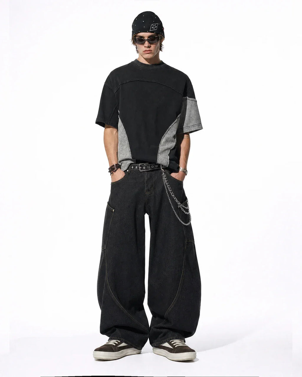 Inflation Streetwear patchwork washed boxy cropped T-shirt with colorful fabric patches and relaxed fit on model.
