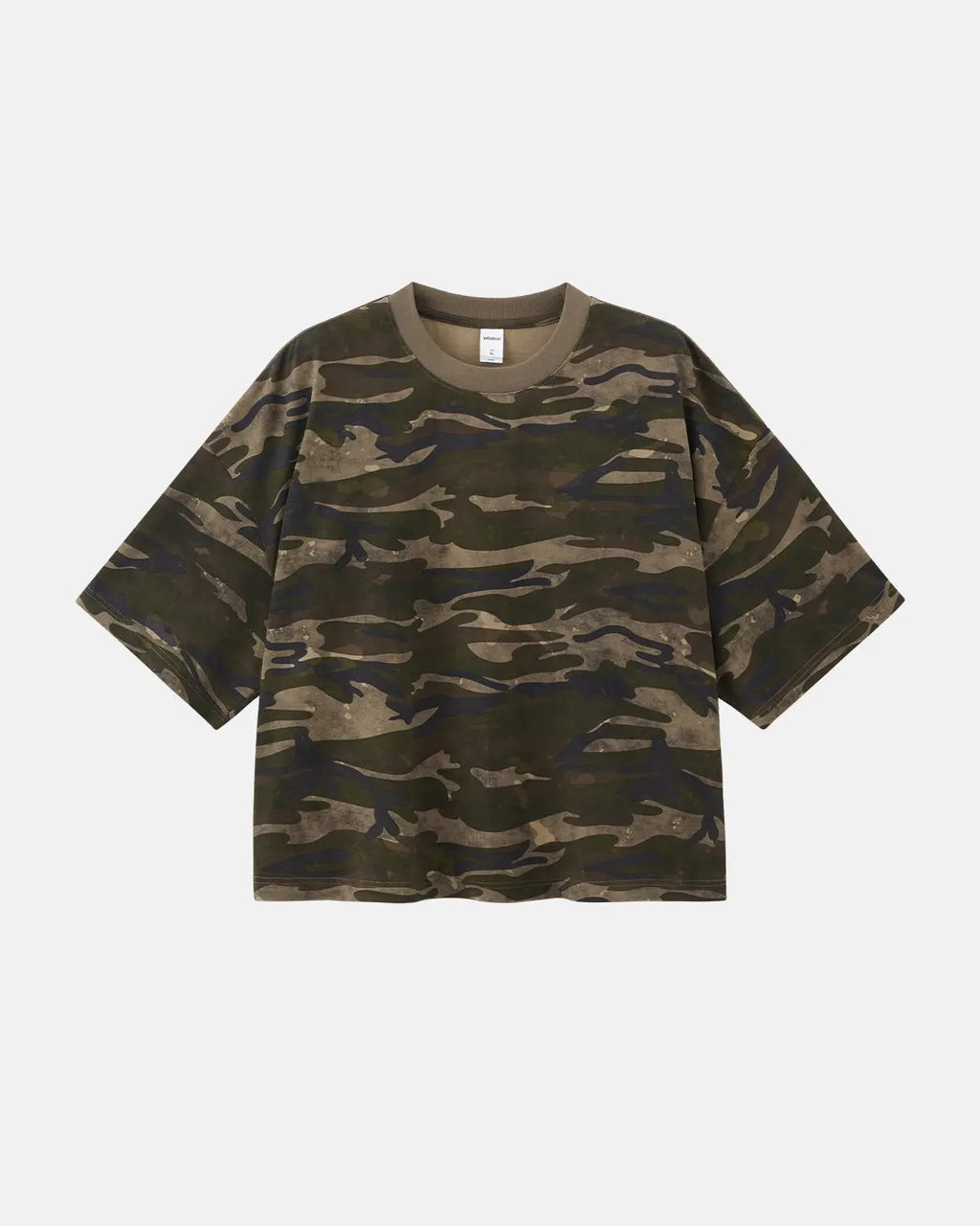 Boxy camo T-shirt by INFLATION, featuring a relaxed fit and camouflage pattern, displayed on a plain background.