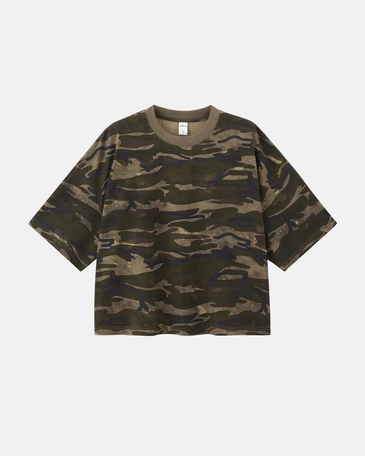 Boxy camo T-shirt by INFLATION, featuring a relaxed fit and camouflage pattern, displayed on a plain background.