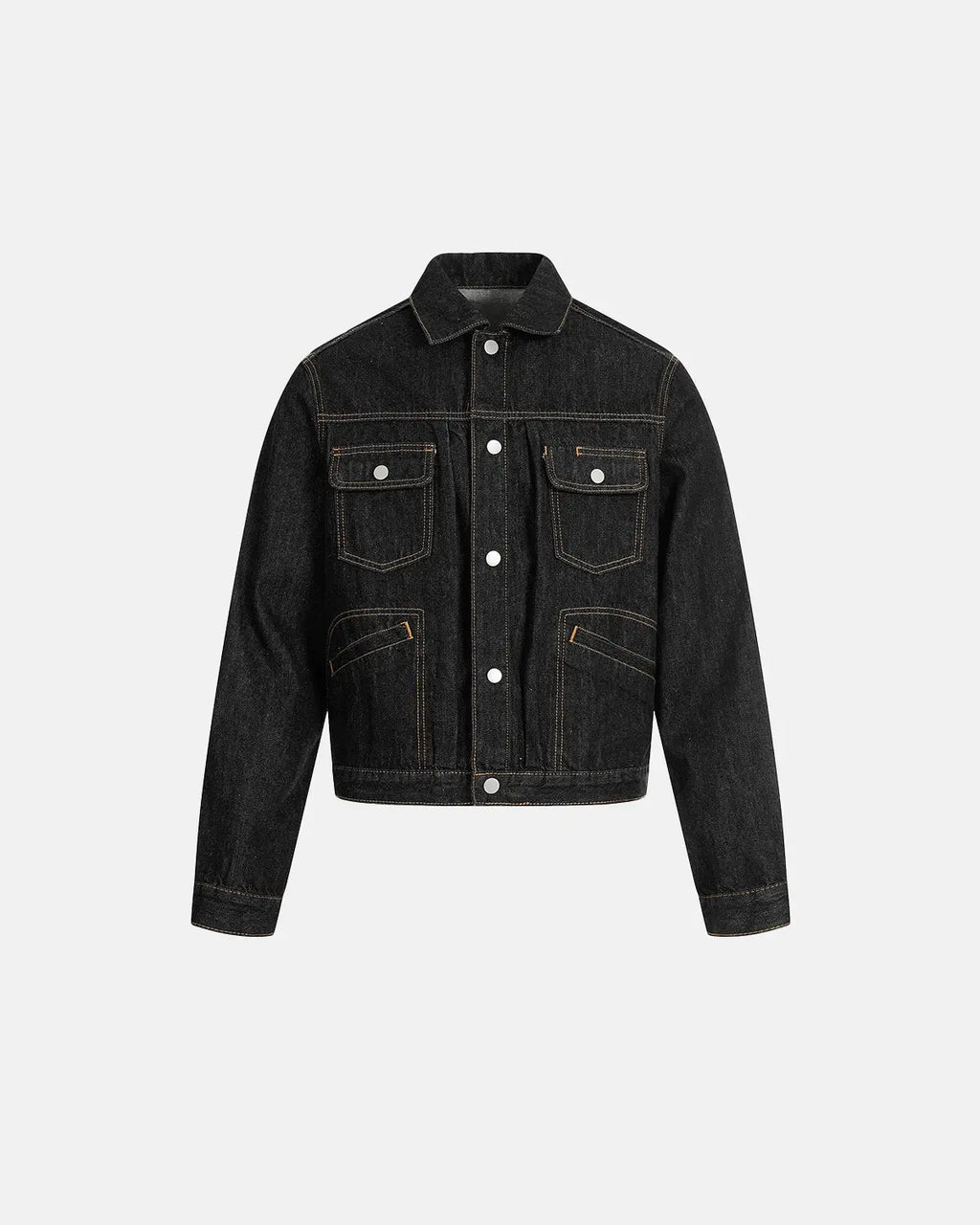 Black denim jacket with multiple pockets from Inflation Streetwear, featuring stylish multi-pocket design and classic denim texture.