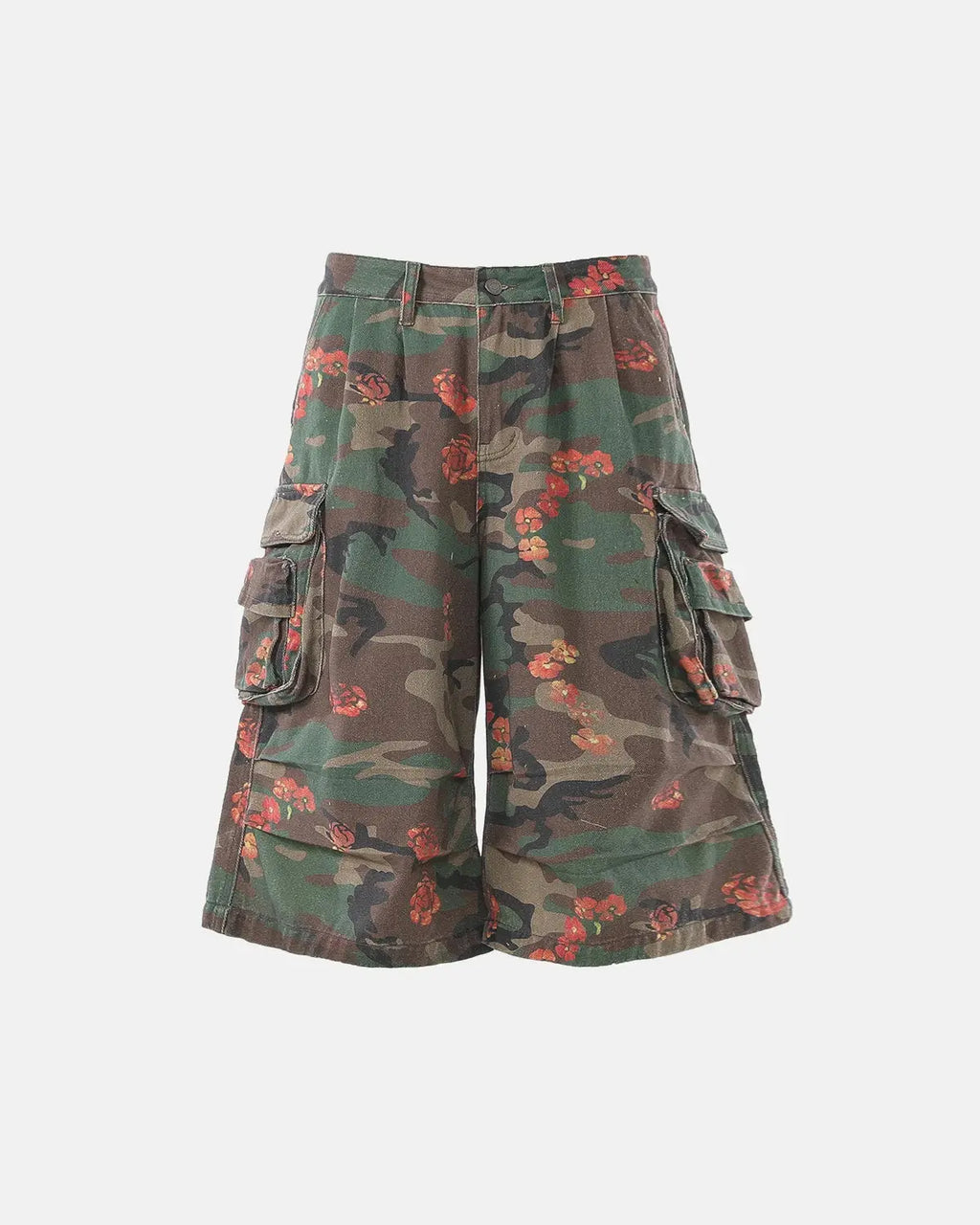 Inflation Streetwear floral camo cargo longline shorts with multiple pockets and a relaxed fit, perfect for casual streetwear.