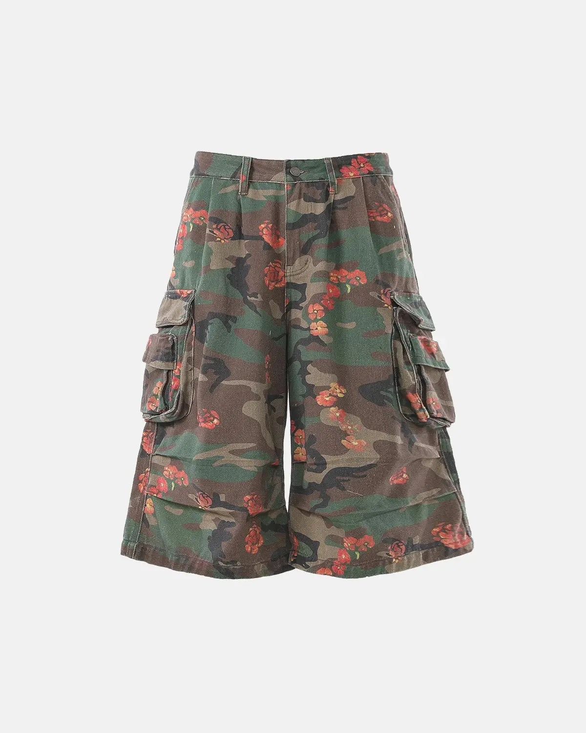 Inflation Streetwear floral camo cargo longline shorts with multiple pockets and a relaxed fit, perfect for casual streetwear.
