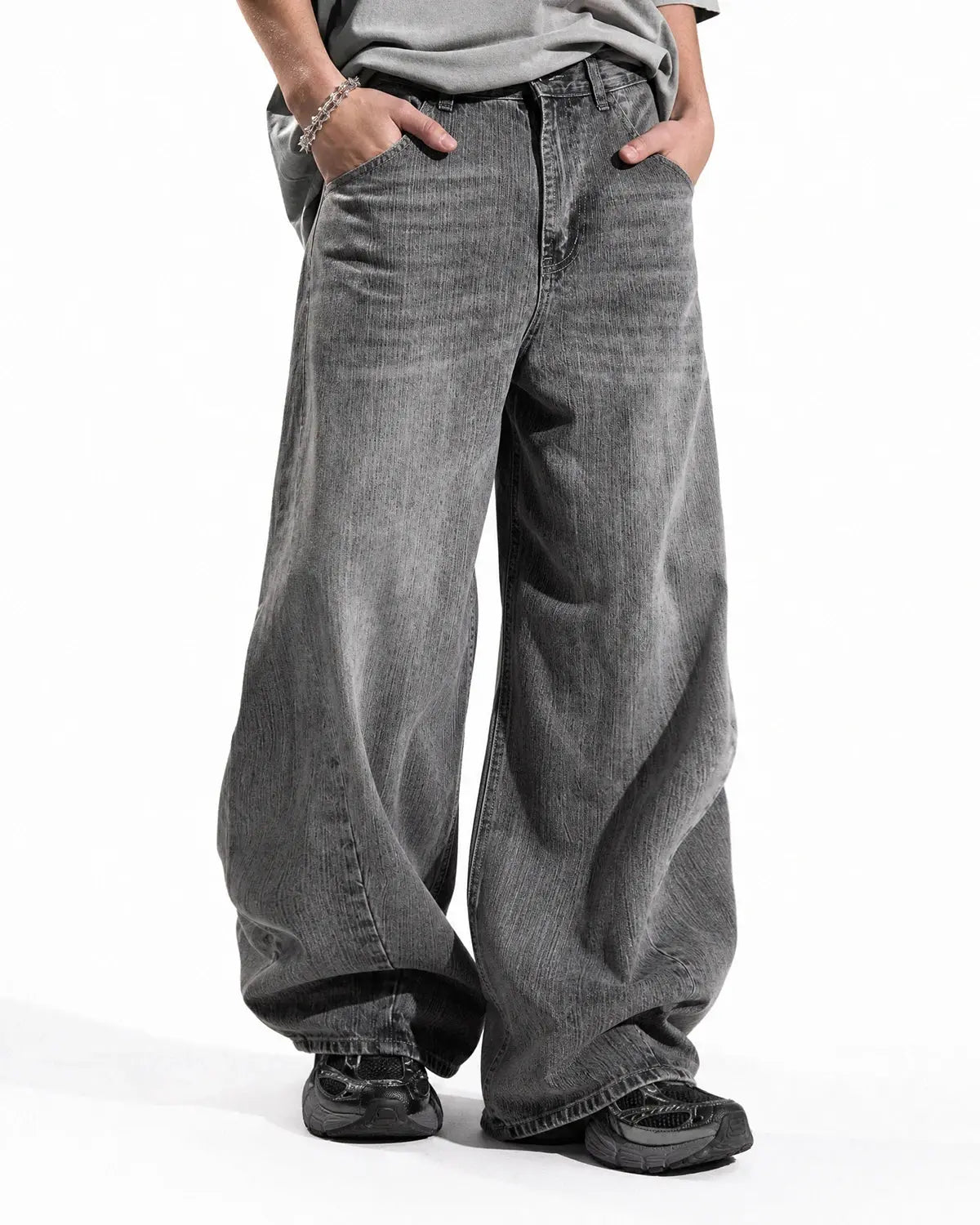 Inflation Bamboo Weave Barrel Jeans, stylish pants with bamboo-inspired woven pattern, casual streetwear fashion.