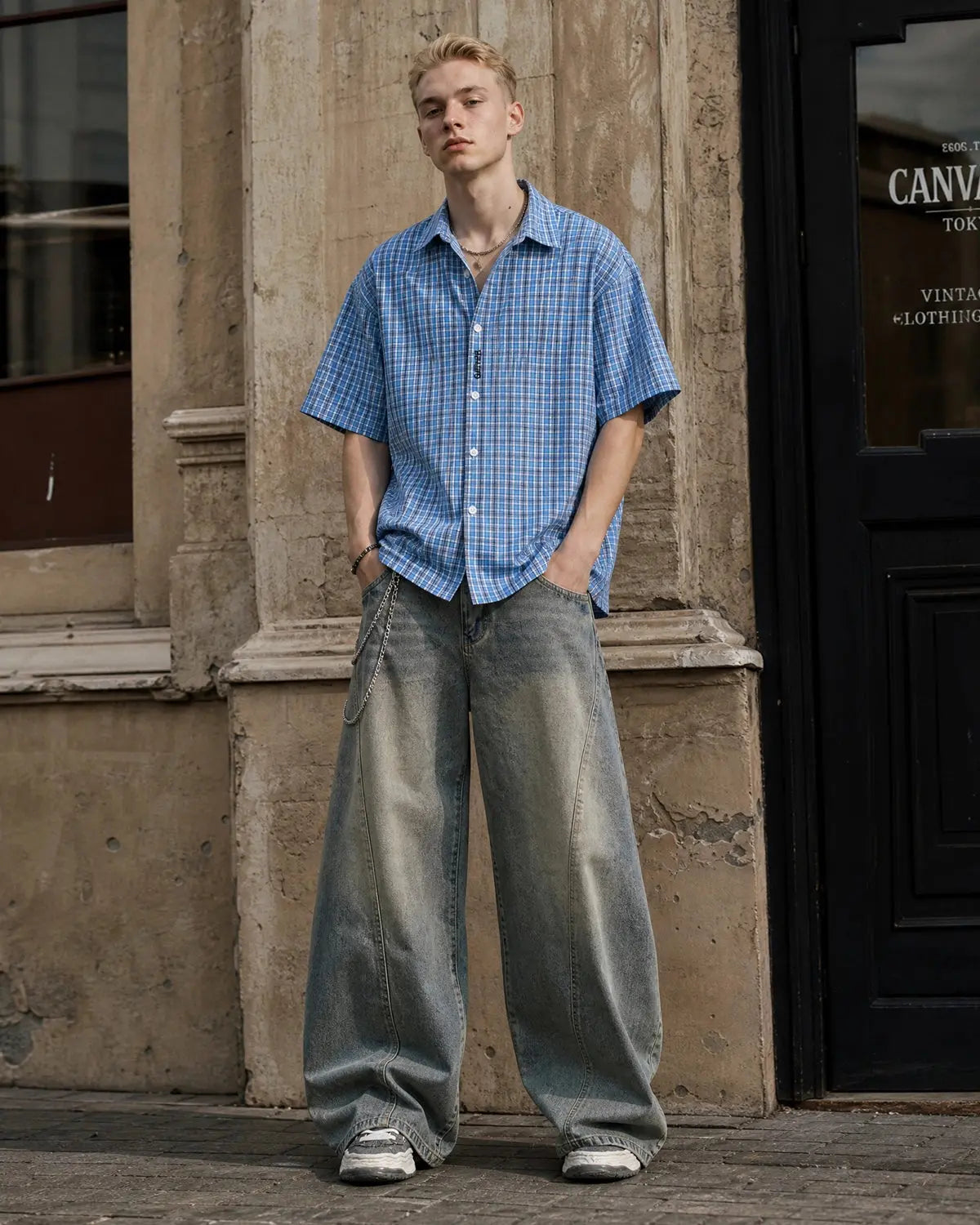 Inflation Streetwear plaid script embroidered short-sleeve shirt with casual fit and colorful pattern, ideal for street fashion.