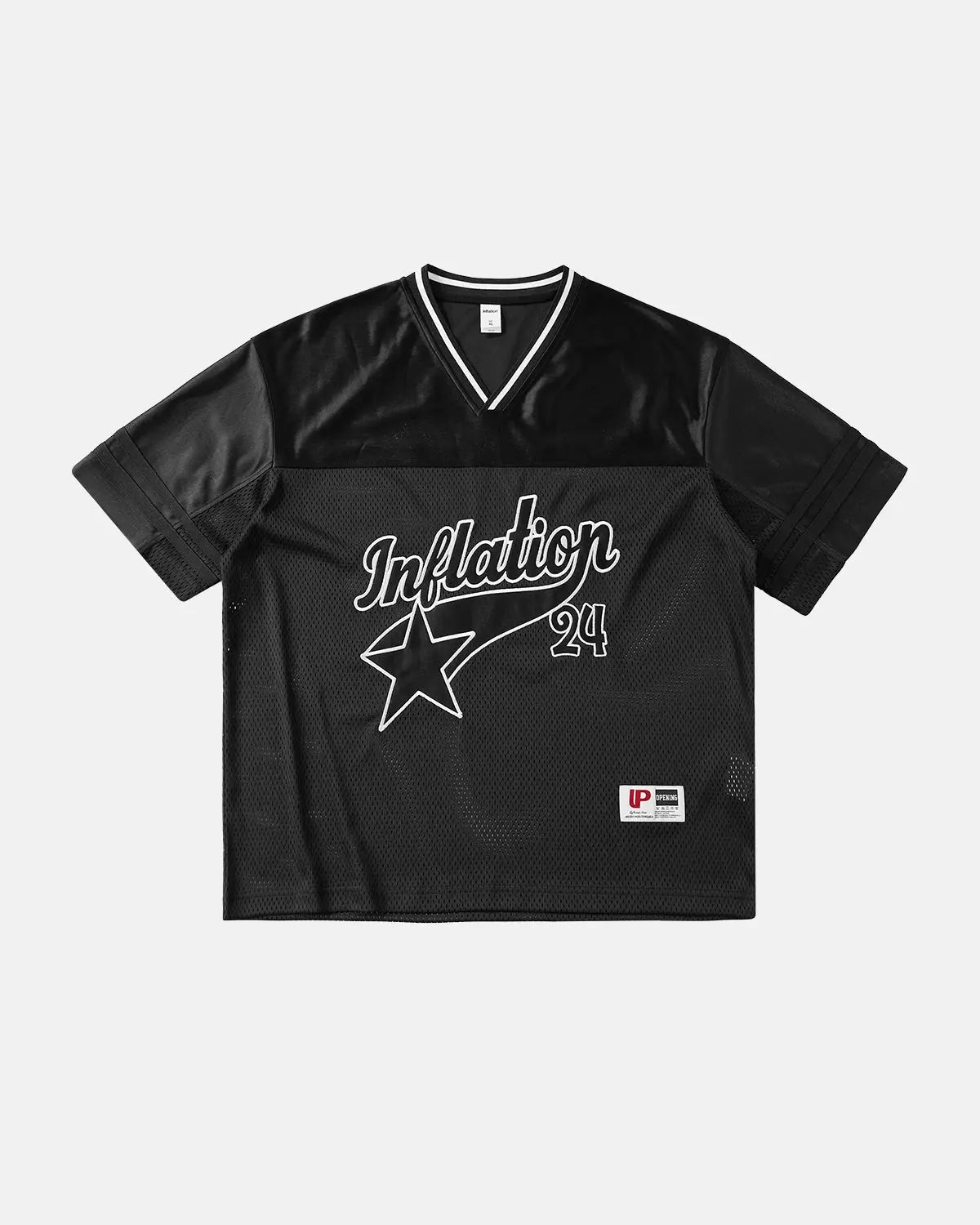 Inflation Streetwear mesh patchwork printing jersey featuring colorful patterns and lightweight fabric, casual streetwear style.