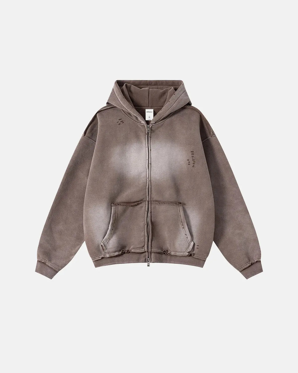 Inflation Streetwear Monkey Wash ripped zip-up hoodie with distressed details and a casual fit, displayed on a mannequin.