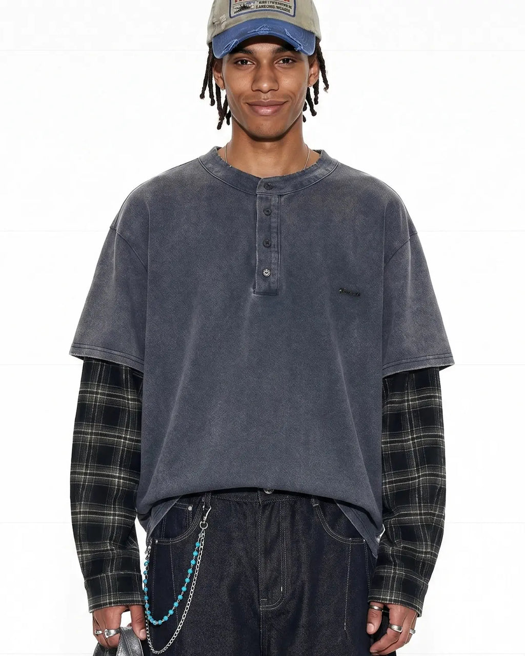 Distressed plaid layered long sleeve tee from Inflation Streetwear featuring a casual, edgy design with a layered look and rugged style.
