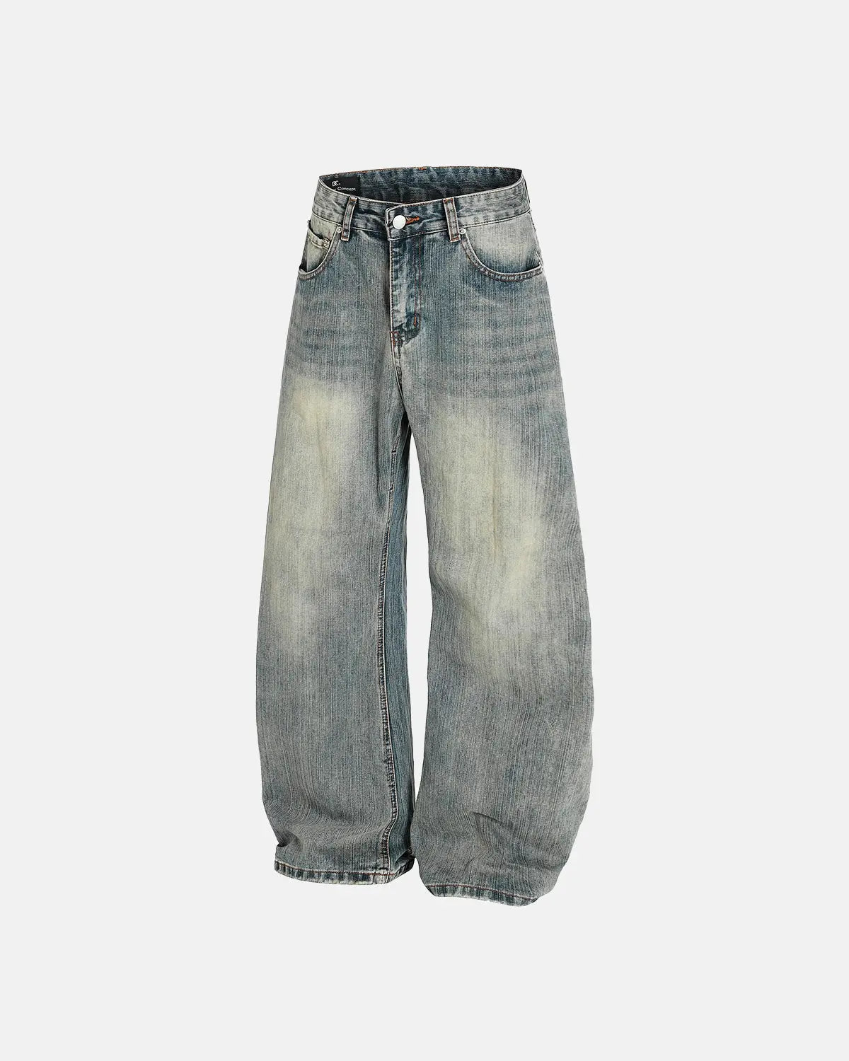 Washed bamboo weave baggy bootcut jeans by INFLATION Streetwear, showing relaxed fit and textured fabric detail.