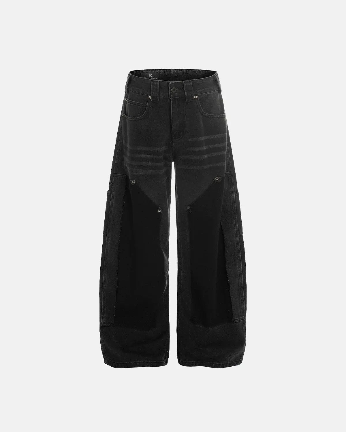 Black patchwork barrel jeans by INFLATION featuring a relaxed fit and stylish patchwork design on denim.