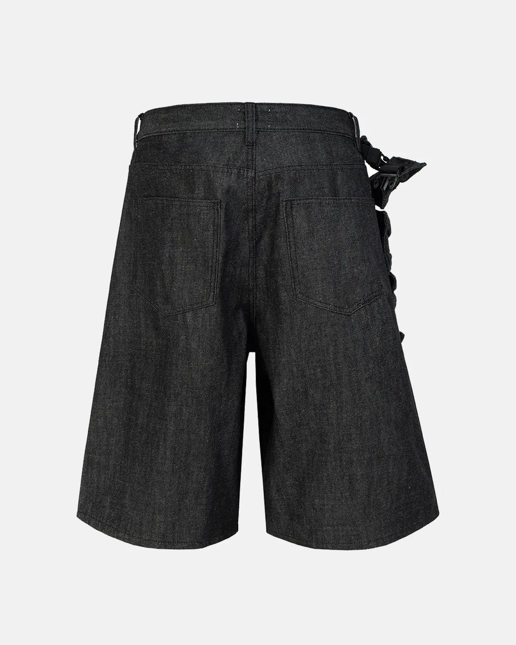 Raw denim tactical cargo jorts by INFLATION, casual men's pants with multiple pockets and distressed detail, streetwear style.