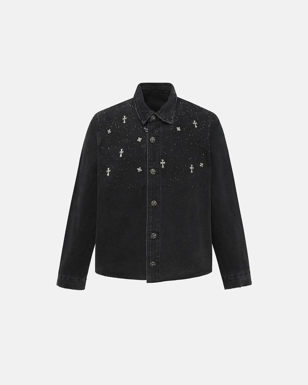 Inflation Starry Cross Rhinestone washed denim shirt, stylish casual t-shirt with embroidered starry cross detail and distressed denim texture.