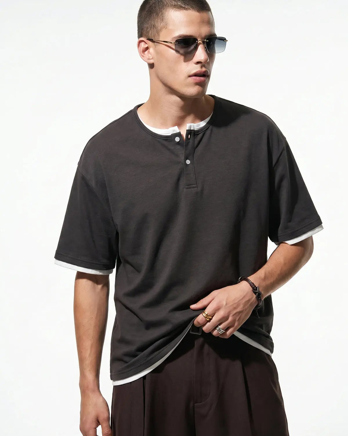 Inflation Old Money Layered Henley T-Shirt, casual men's shirt with layered design, in neutral tones, displayed on a hanger.