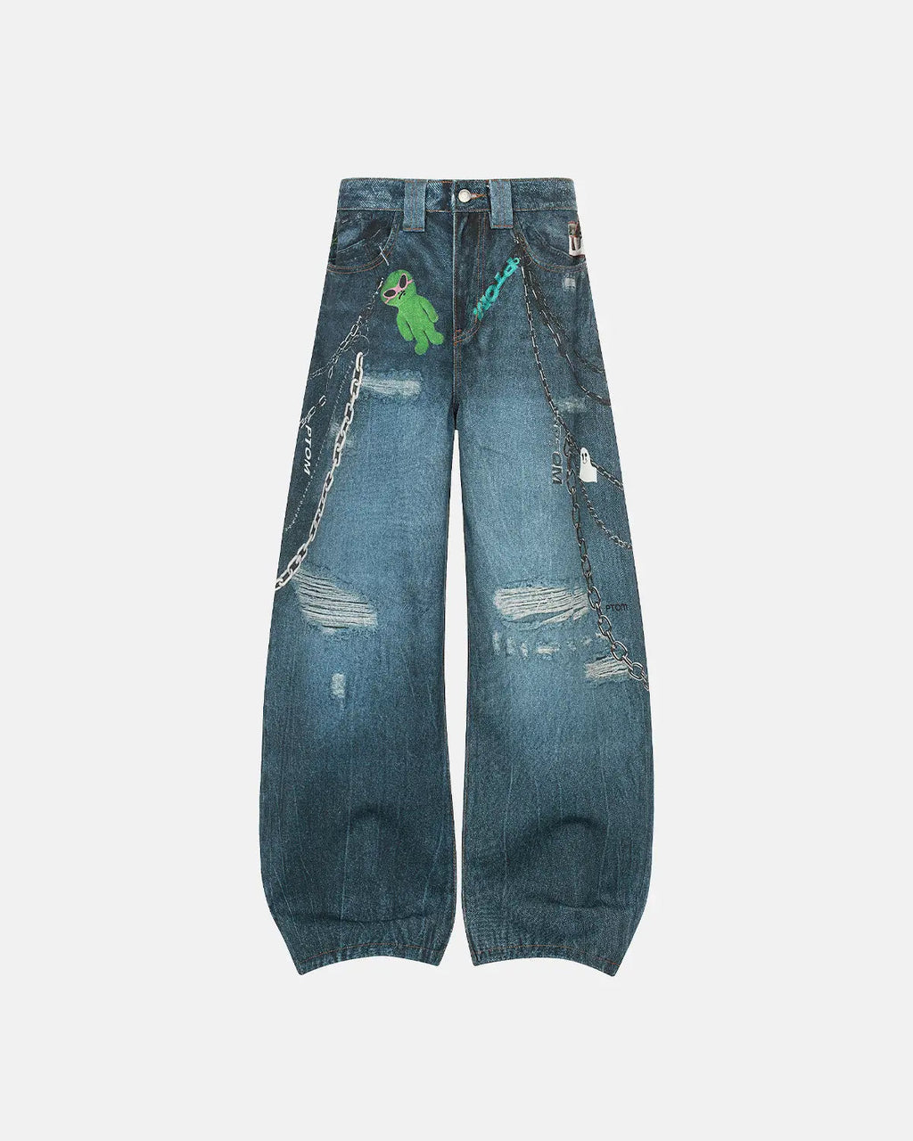 3D printed Chain Barrel Jeans by INFLATION featuring detailed denim texture and chain embellishments on streetwear-inspired jeans