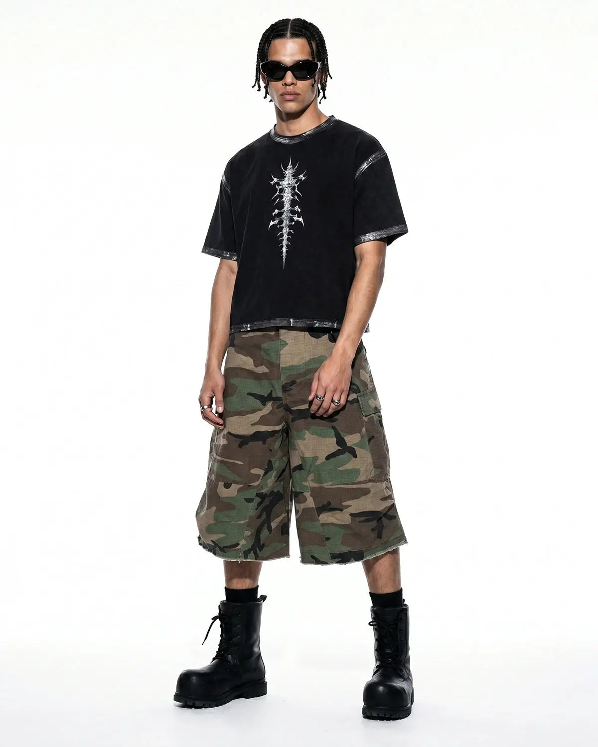 Distressed painted graphic boxy T-shirt by INFLATION featuring urban streetwear style and bold graphic artwork.
