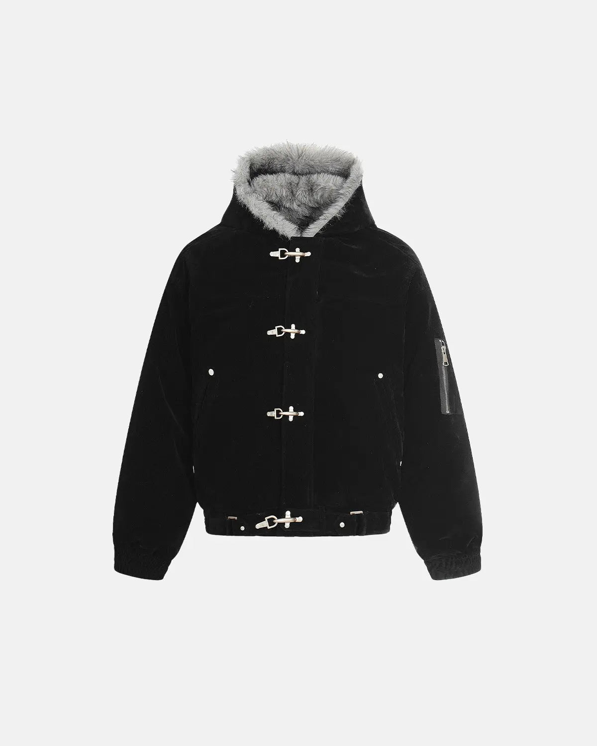Inflation Streetwear faux fur lined clasp bomber jacket, stylish black bomber with plush fur lining and front clasp closure.