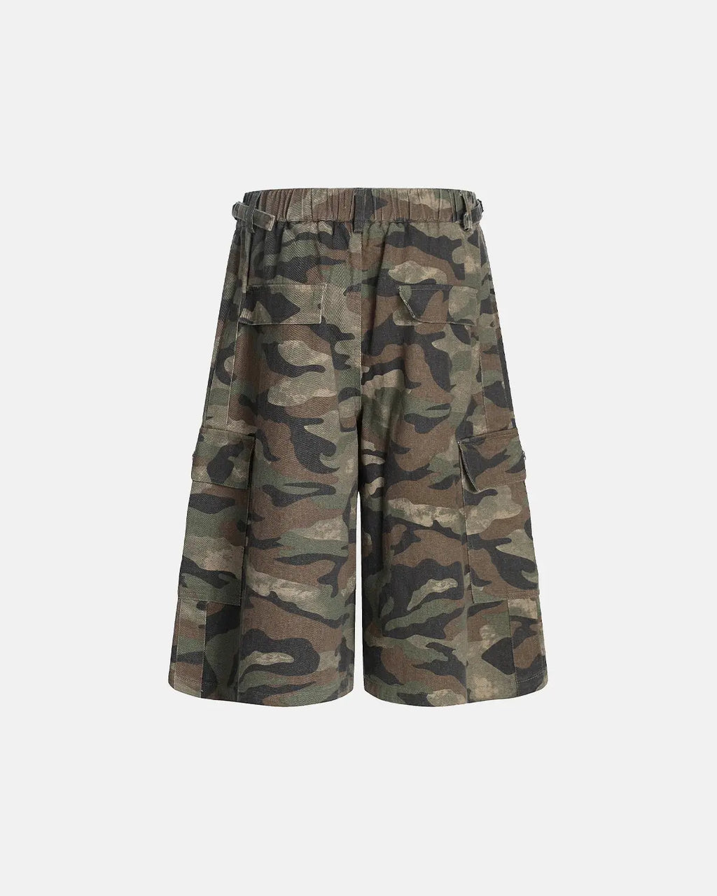 Grey camo utility longline shorts by INFLATION, featuring multiple pockets and a relaxed fit, suitable for streetwear style.