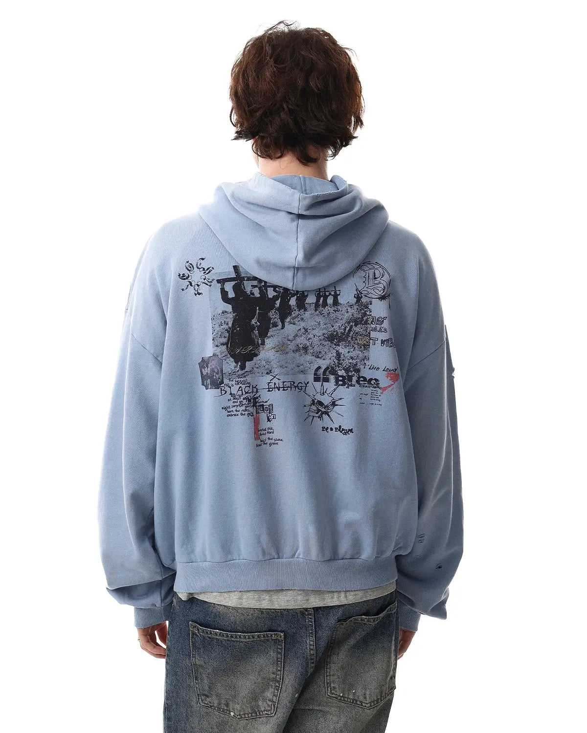 Inflation Streetwear graffiti character distressed washed zip hoodie, featuring a bold graffiti design and casual zip-up style.