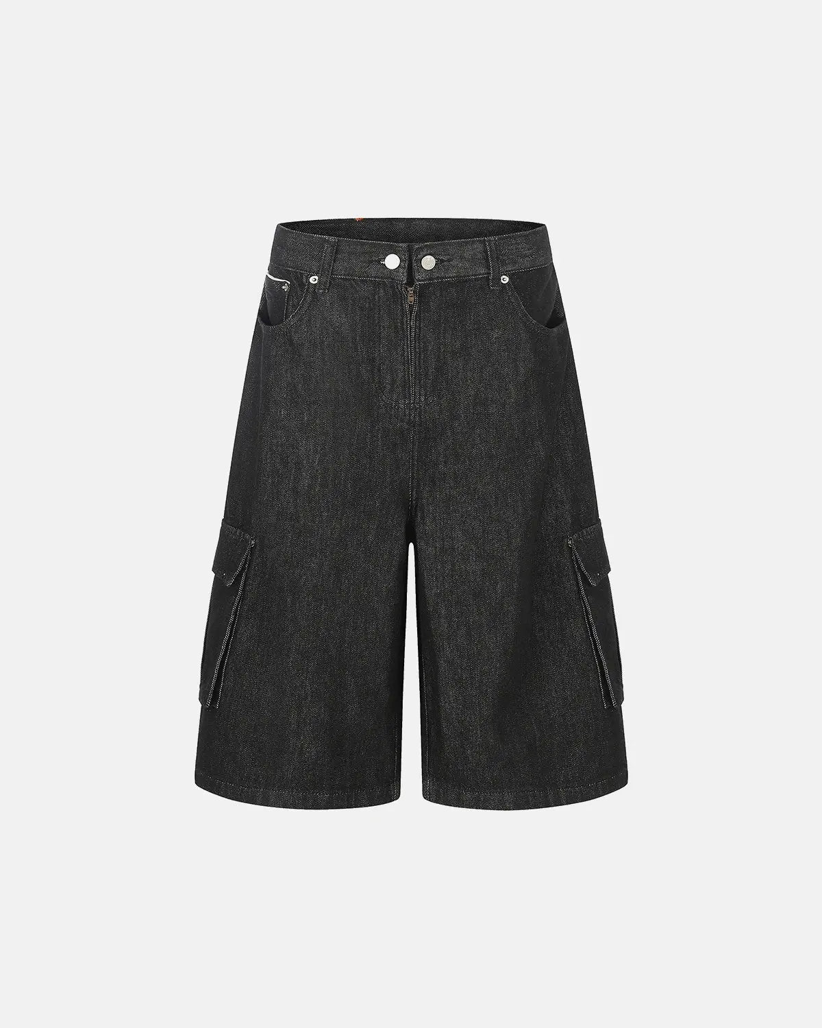 Black cargo longline jorts by INFLATION, featuring distressed denim, multiple pockets, and a relaxed streetwear style.