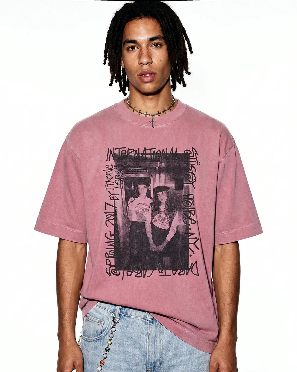 Vintage graphic washed oversized T-shirt by INFLATION featuring bold streetwear style and retro-inspired design.