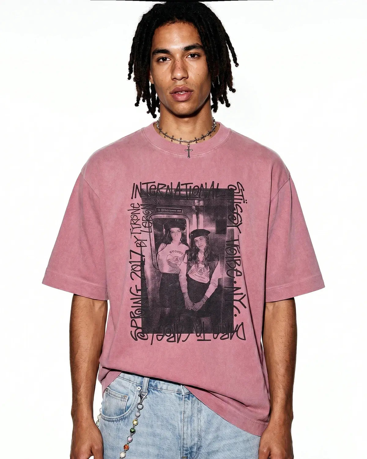 Vintage graphic washed oversized T-shirt by INFLATION featuring bold streetwear style and retro-inspired design.