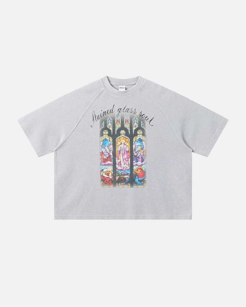 Inflation Streetwear washed graphic boxy waffle T-shirt, casual fit, featuring bold graphic design on soft cotton fabric.
