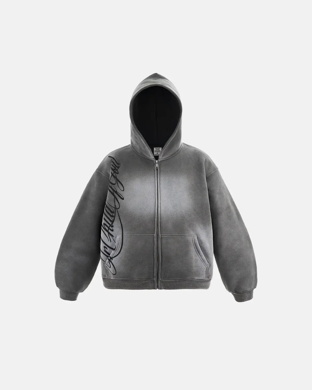 Inflation Streetwear acid wash zip-up hoodie with a front zipper and hood, featuring a casual, distressed denim-inspired look.