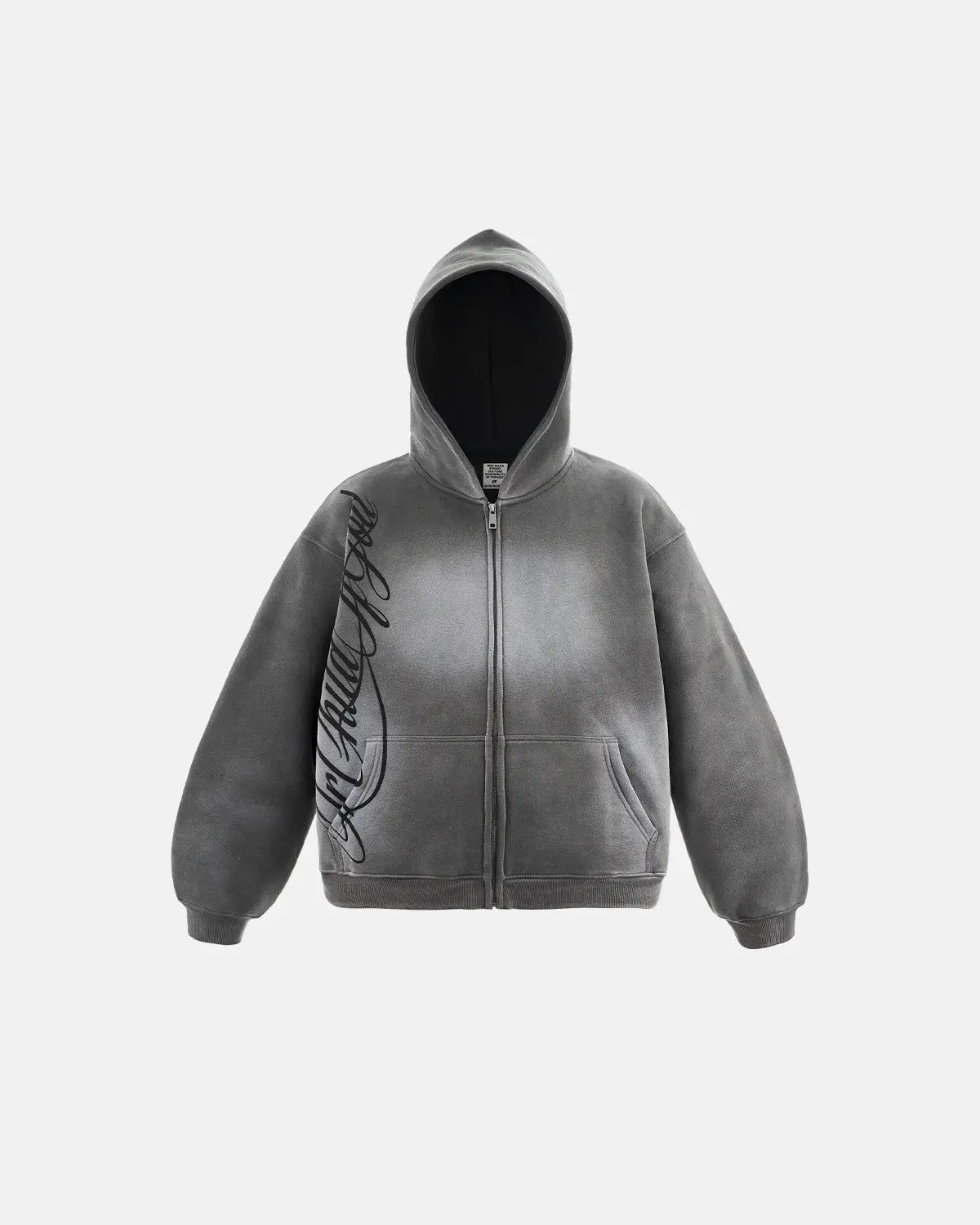 Inflation Streetwear acid wash zip-up hoodie with a front zipper and hood, featuring a casual, distressed denim-inspired look.