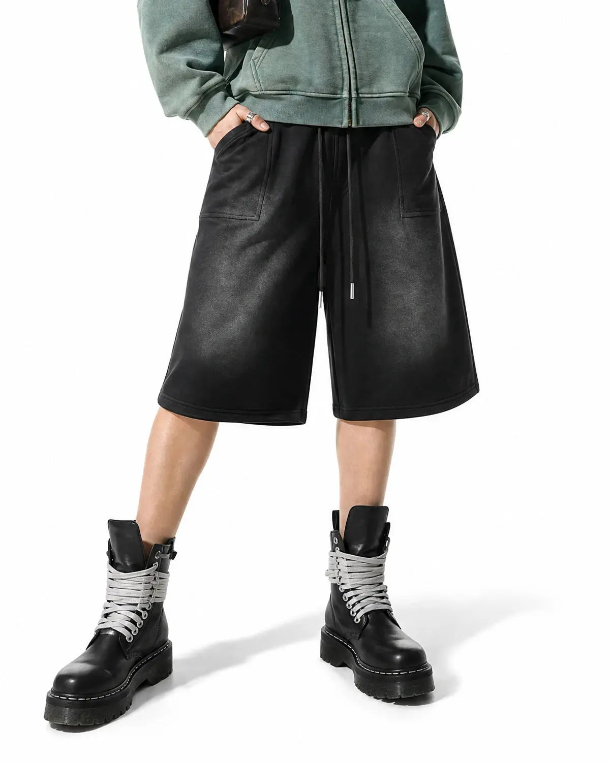 Monkey Washed Sweat Shorts by INFLATION, casual streetwear pants with a relaxed fit and washed denim look.