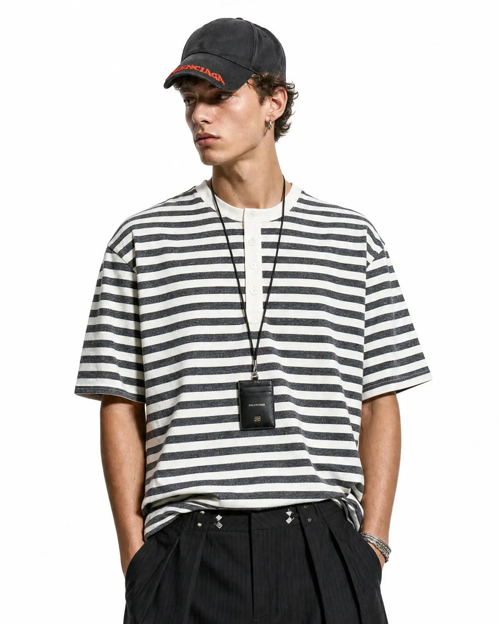Inflation Streetwear striped Henley relaxed T-shirt with long sleeves and button placket, in neutral tones.