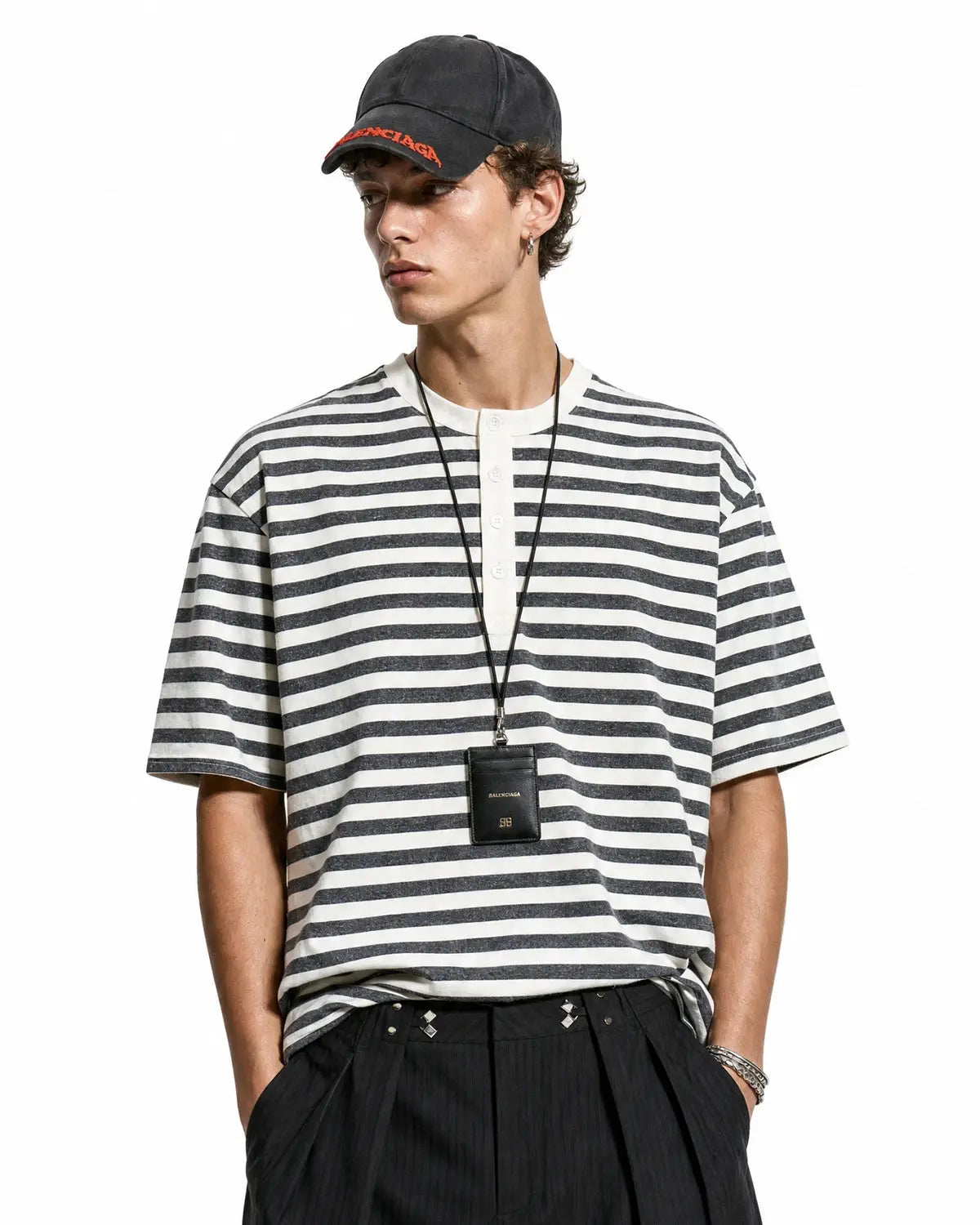 Inflation Streetwear striped Henley relaxed T-shirt with long sleeves and button placket, in neutral tones.